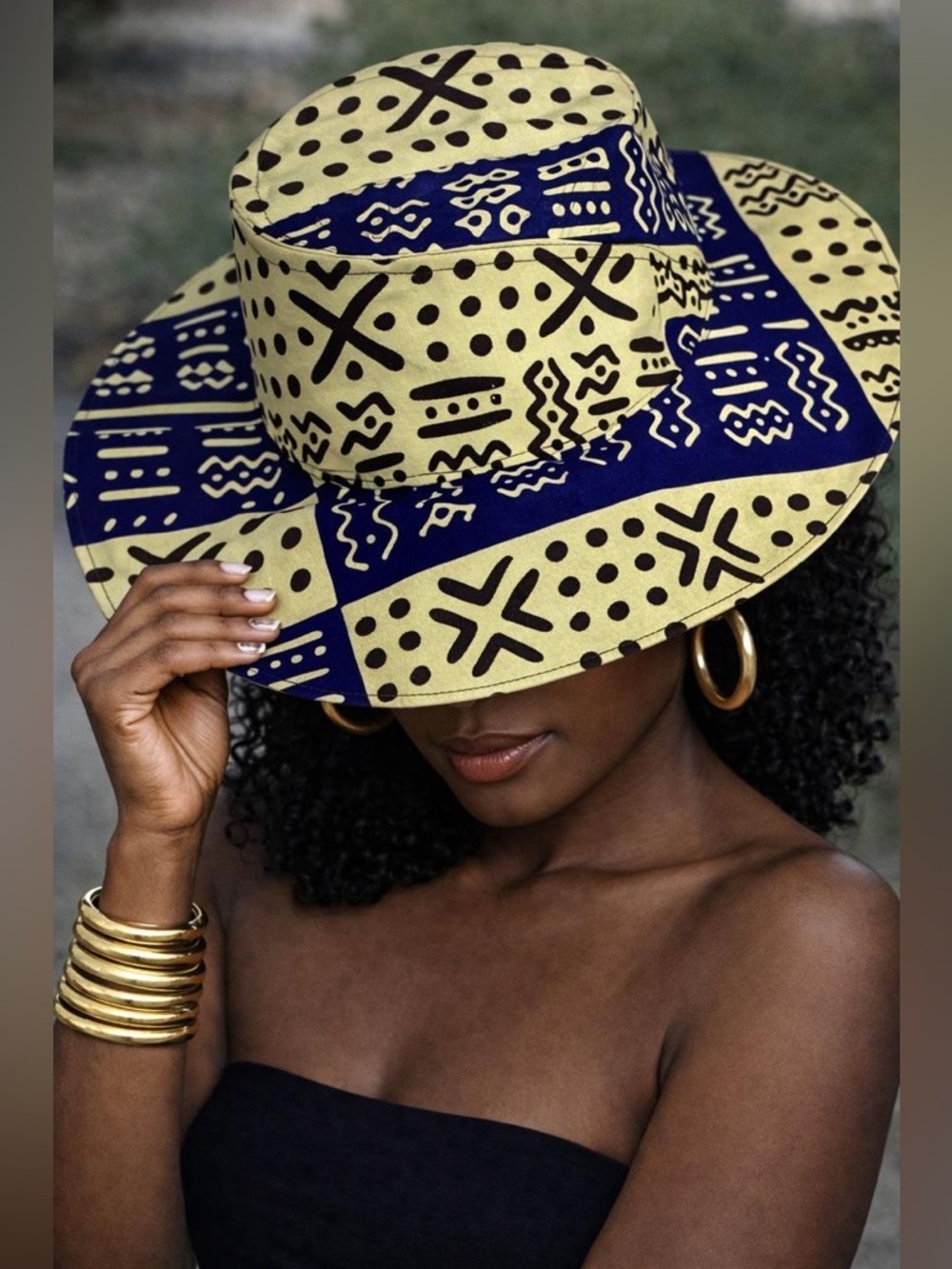 K-K Vogues African Print Bucket Hat – Wax Style – Fedora Hat in Yellow and Navy